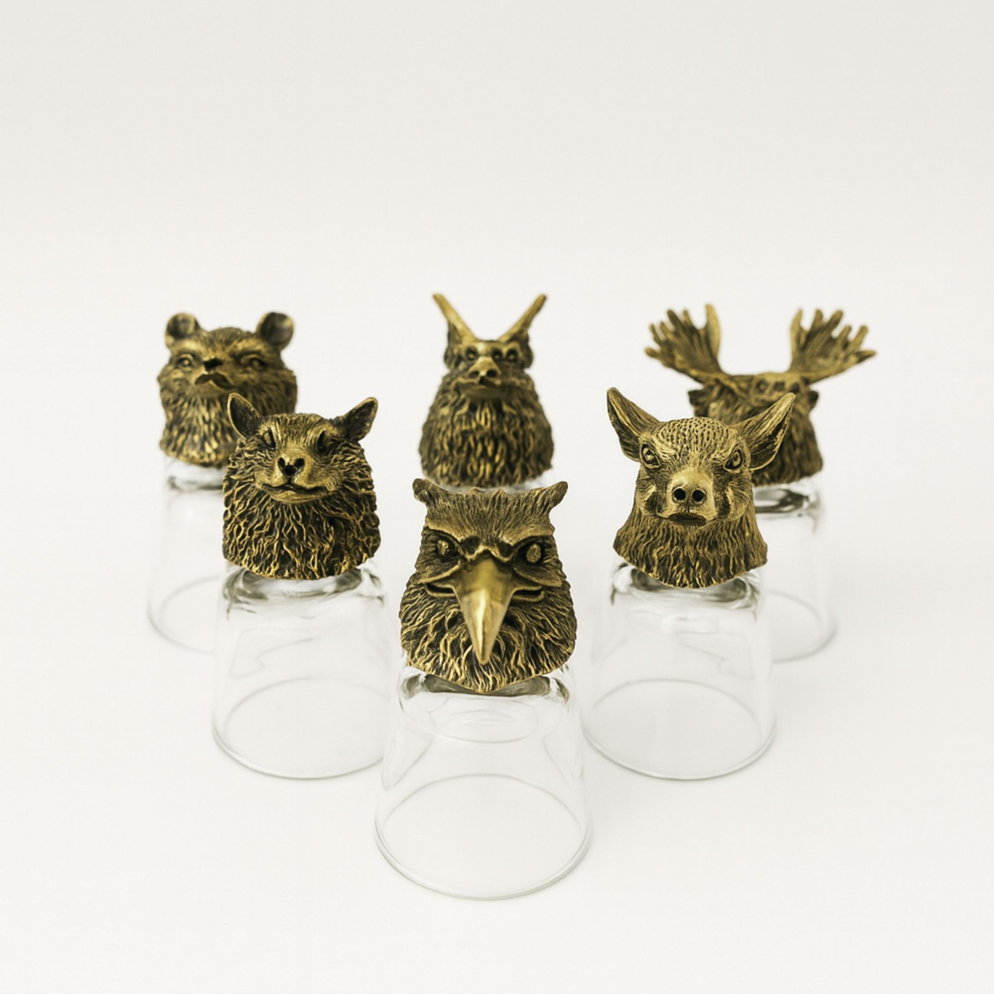 Gift Set of 6 Shot Glasses (50ml) - Wild Forest Creatures - Antique Bronze