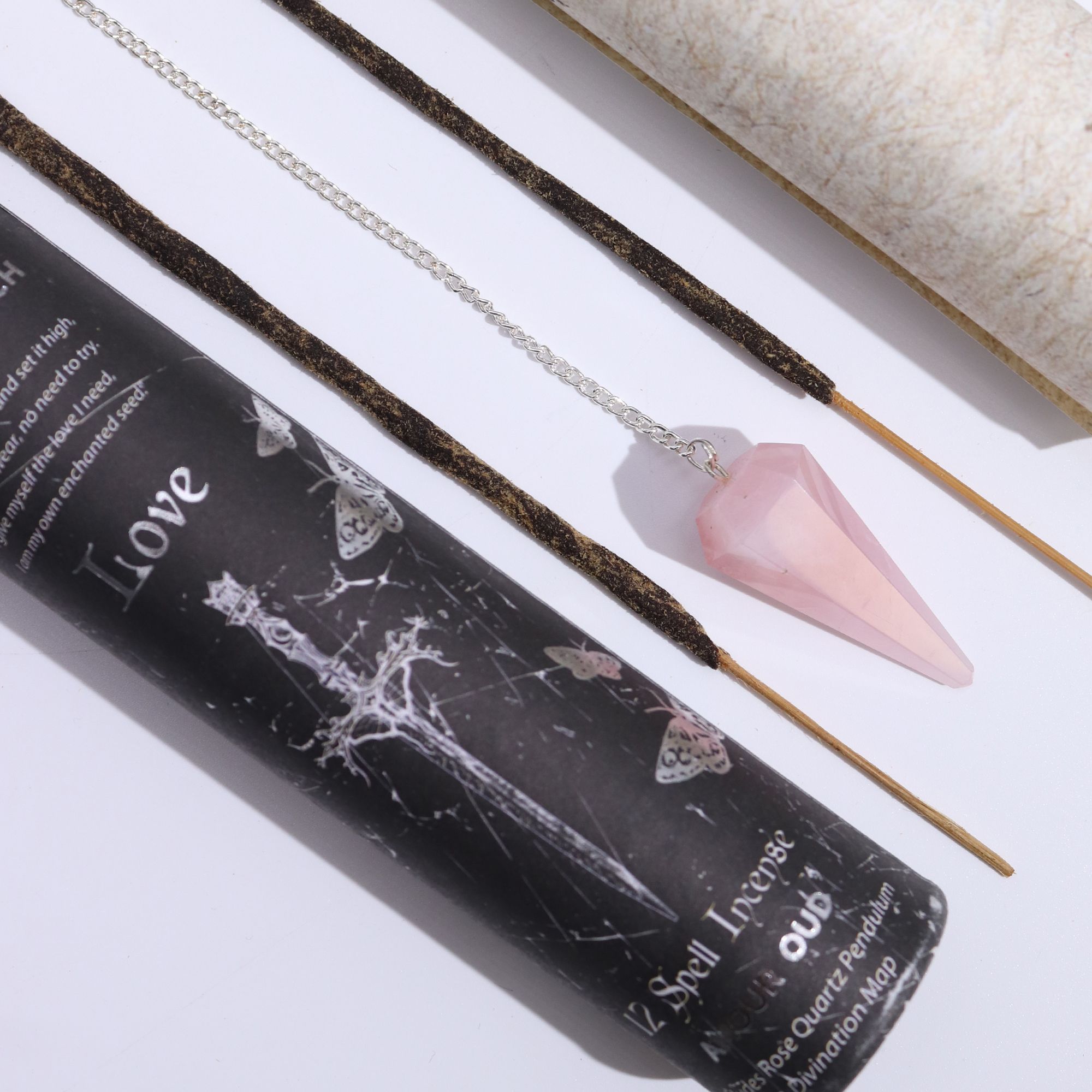 bG9jYWw6Ly9tZWRpYS9ITS9BRC82MFIzMEMxSjY0VDNBREhNL2RhMmFjMmZhLmpwZw-1.jpg Ancient Witch Spell Incense - Love - Rose Quartz Pendulum